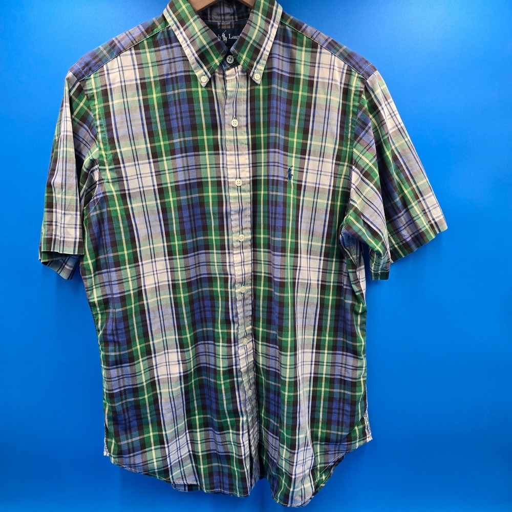 Ralph Lauren Classic Fit Plaid Short Sleeve Button Down Shirt Green Blue Men's M